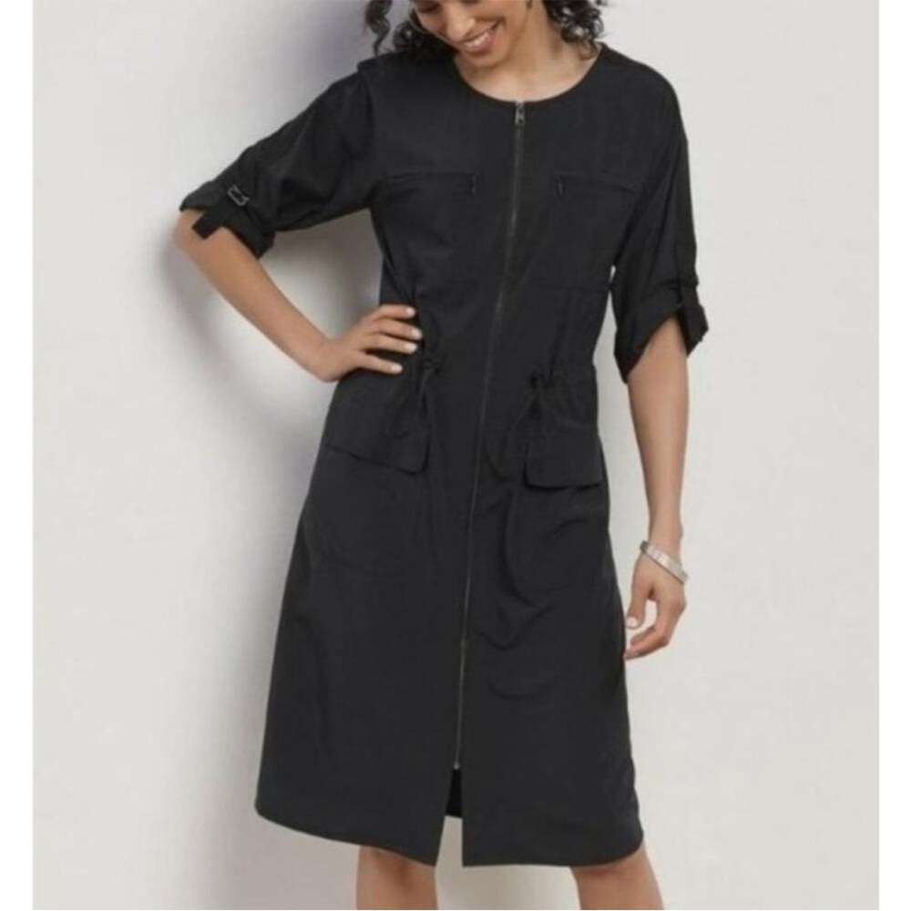 Soft Surroundings Women Go Lively Traverse Dress M Black Roll Tab Sleeve Pockets
